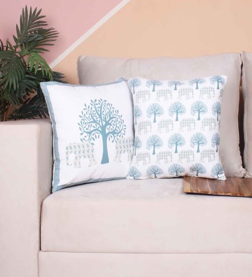 Cream Polycotton Floral 24x24 inches Cushion Covers (Pack of 2)