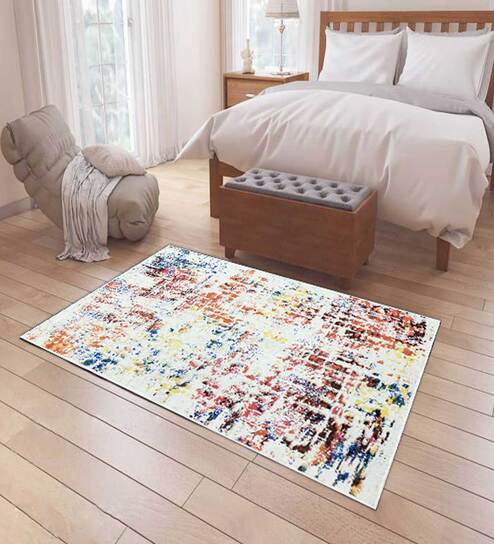 Cream Abstract Polyester 5 ft x 7 ft Machine Made Carpet