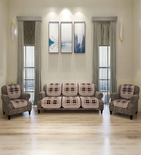 Cream Checkered Polyester Chenille 5 Seater Sofa Cover