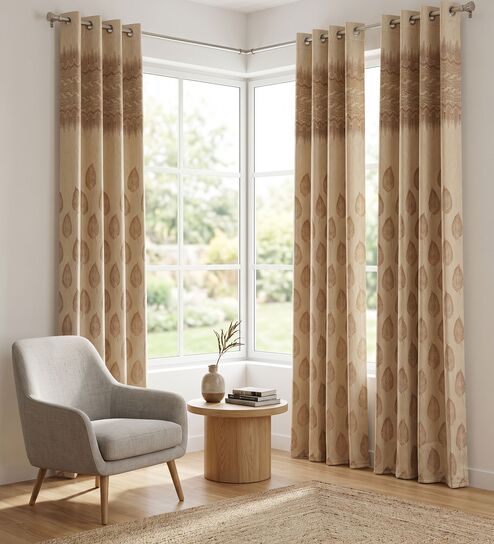 Cream Polyester Floral 7Ft Light Filtering Eyelet Door Curtain
