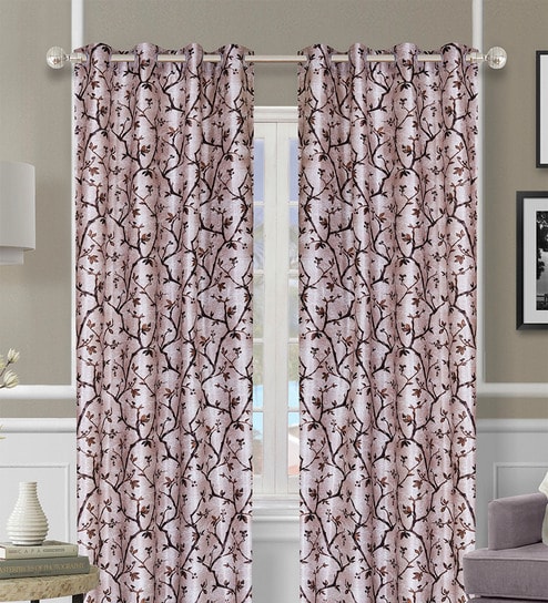 Cream Polyester Floral Light Filtering Eyelet 9 Feet Door Curtains (2 Pc)