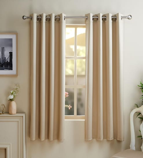 Cream Polyester Solid 5ft Blackout Eyelet Window Curtain (2 Pc)