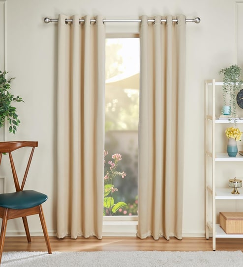 Cream Polyester Solid 9ft Blackout Eyelet Door Curtain (2 Pc)