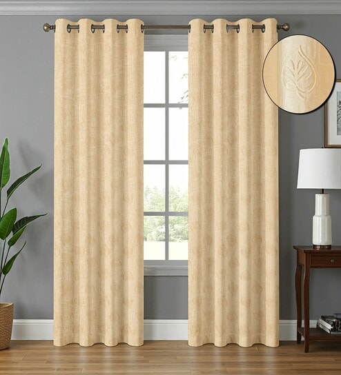 Cream Poleyster Floral 5 Feet Semi Transperency Ring Top Window Curtains 2Pcs