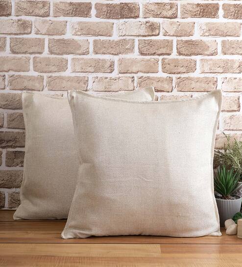 Cream Solid Jute 18 x 18 Inches Cushion Covers (Set of 2)