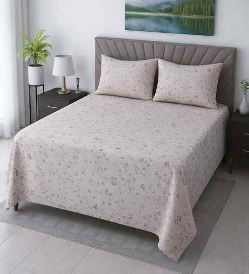 Cream Floral 400 Tc Cotton Queen Size Bedsheet With 2 Pillow Covers