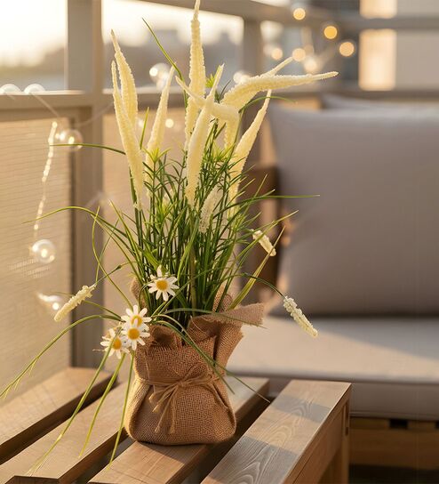 Cream Silk Plastic And Jute Artificial Foxtail Grass Arrangement Flower Bunch With Jute Wrap