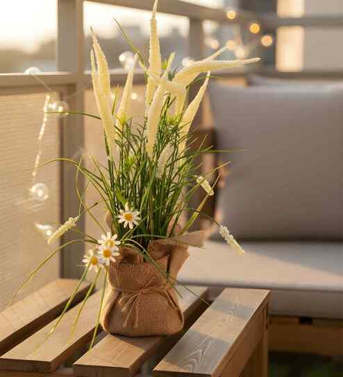 Cream Silk Plastic And Jute Artificial Foxtail Grass Arrangement Flower Bunch With Jute Wrap