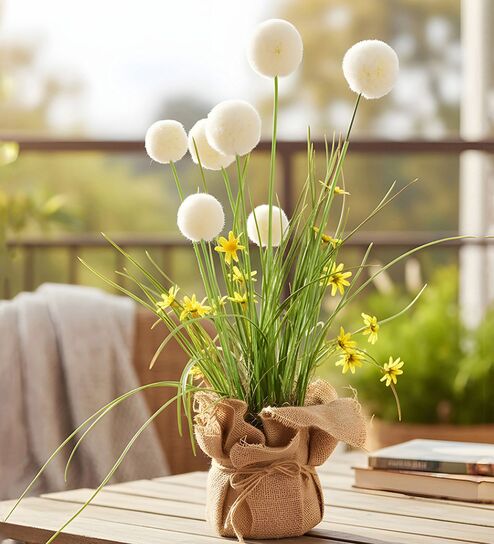 Cream Silk Plastic And Jute Chic Artificial Dandelion Arrangement Flower Bunch With Jute Wrap