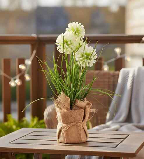 Cream Silk Plastic And Jute Faux Allium Flower Bunch With Jute Wrap