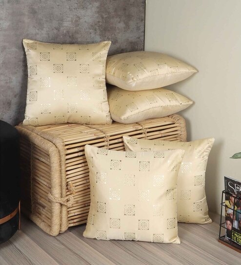 Cream Traditional Silk 16 x 16 Inches Cushion Covers (Set of 5)