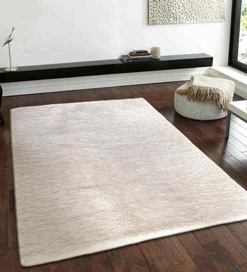 Cream Solid Polyester 4x6 Feet Machine Made Carpet
