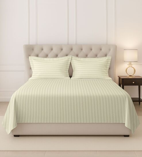 Cream Stripe 300 TC Cotton Super King Sized Bedsheet with 2 Pillow Covers