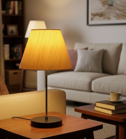 Cream Texture Fabric Shade with Modern Silver & Black Table Lamp for Bedroom & Living Room