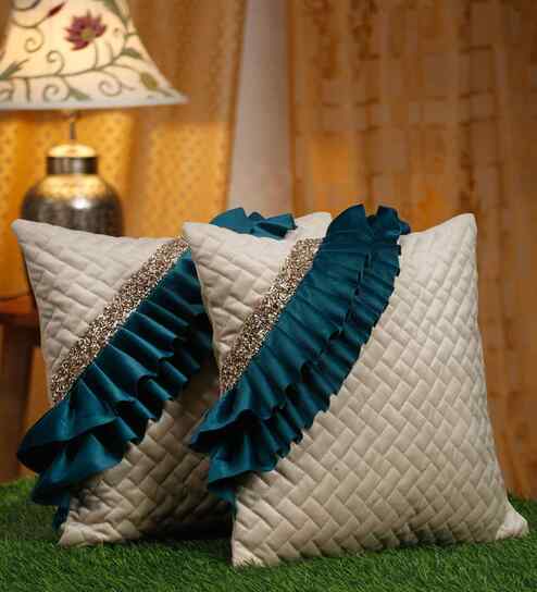 Cream Velvet Abstract 16X16 Inches Cushion Covers (Pack of 2)
