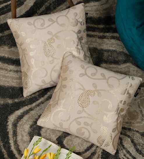 Cream Velvet Abstract 16X16 Inches Cushion Covers (Pack of 2)
