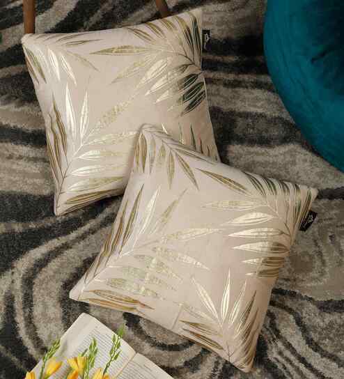 Cream Velvet Abstract 16X16 Inches Cushion Covers (Pack of 2)