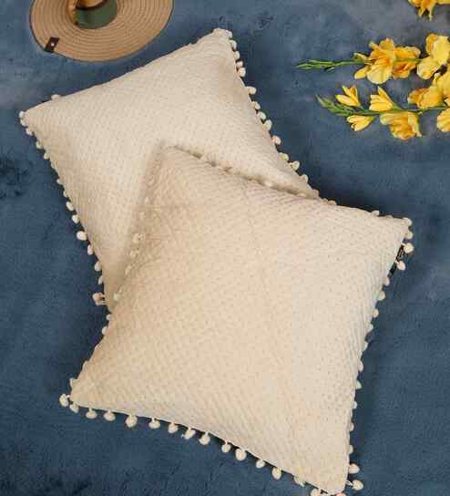 Cream Velvet Abstract 16X16 Inches Cushion Covers (Pack of 2)