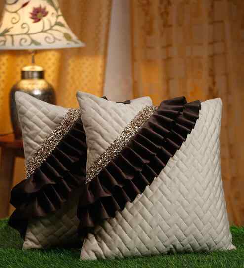 Cream Velvet Abstract 16X16 Inches Cushion Covers (Pack of 2)
