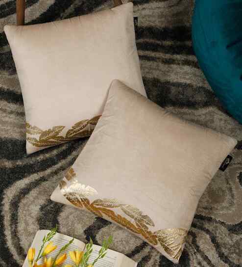 Cream Velvet Abstract 16X16 Inches Cushion Covers (Pack of 2)