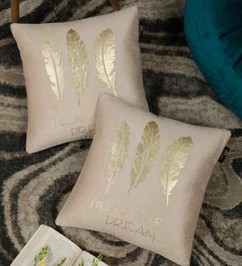 Cream Velvet Abstract 16X16 Inches Cushion Covers (Pack of 2)