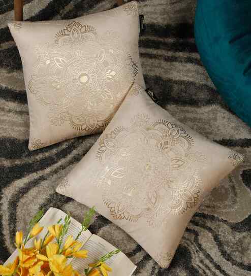 Cream Velvet Abstract 16X16 Inches Cushion Covers (Pack of 2)