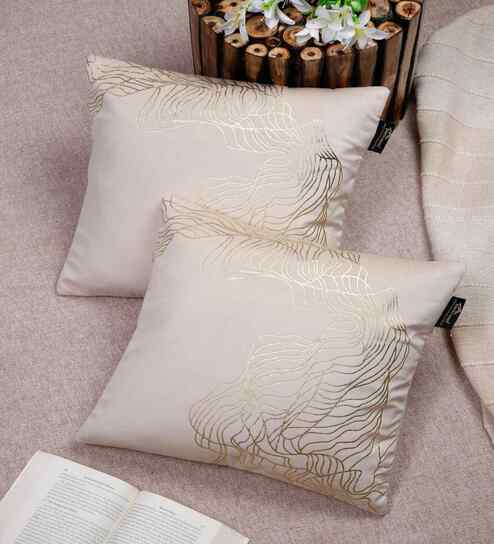 Cream Velvet Abstract 16X16 Inches Cushion Covers (Pack of 2)