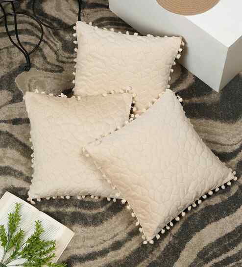 Cream Velvet Abstract 16X16 Inches Cushion Covers (Pack of 3)