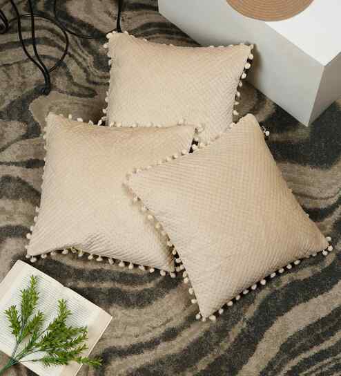 Cream Velvet Abstract 16X16 Inches Cushion Covers (3Pcs)