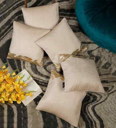 Cream Velvet Abstract 16X16 Inches Cushion Covers (Pack of 5)