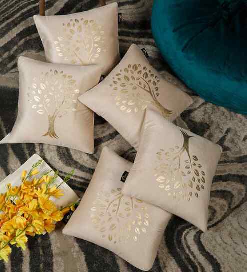 Cream Velvet Abstract 16X16 Inches Cushion Covers (Pack of 5)