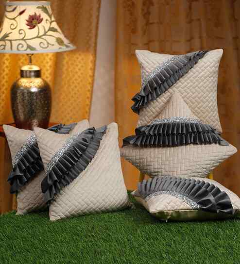 Cream Velvet Abstract 16X16 Inches Cushion Covers (Pack of 5)