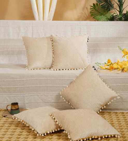 Cream Velvet Abstract 16X16 Inches Cushion Covers (Pack of 5)