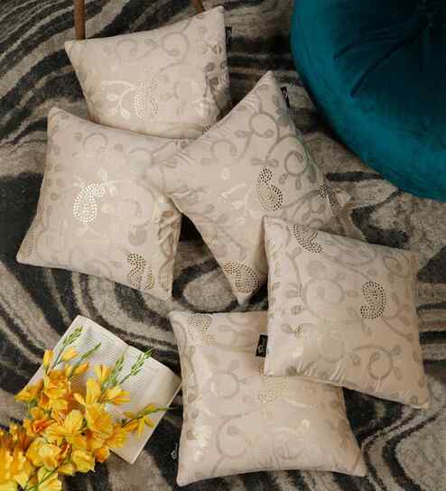 Cream Velvet Abstract 16X16 Inches Cushion Covers (Pack of 5)