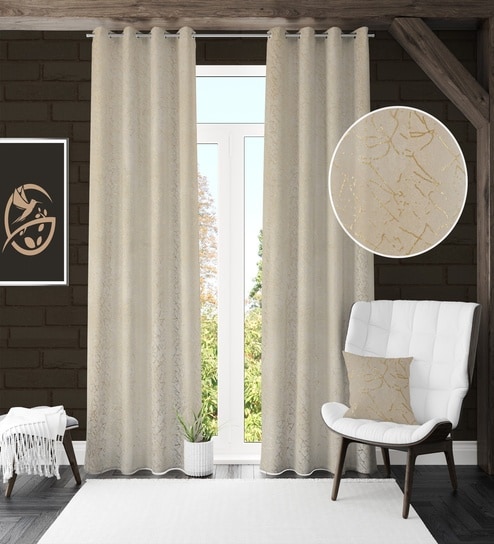 Cream Velvet Abstract 9 Foot Ring Top Door Curtain