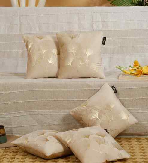 Cream Velvet Floral 12X12 Inches Cushion Covers (Pack of 5)