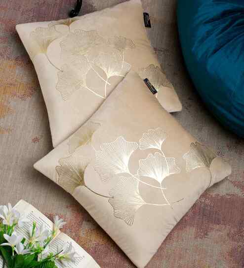 Cream Velvet Floral 16X16 Inches Cushion Covers (Pack of 2)