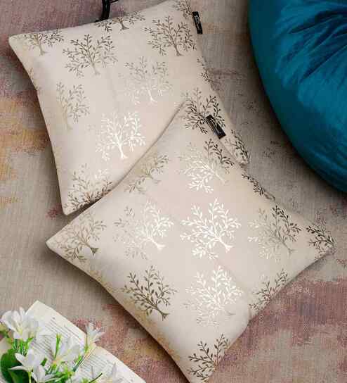 Cream Velvet Floral 16X16 Inches Cushion Covers (Pack of 2)