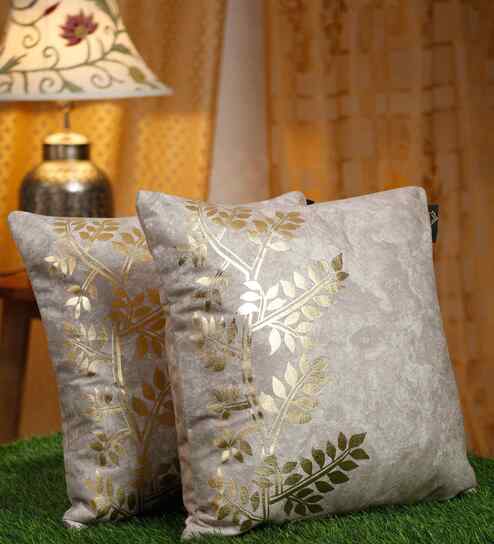 Cream Velvet Floral 16X16 Inches Cushion Covers (Pack of 2)
