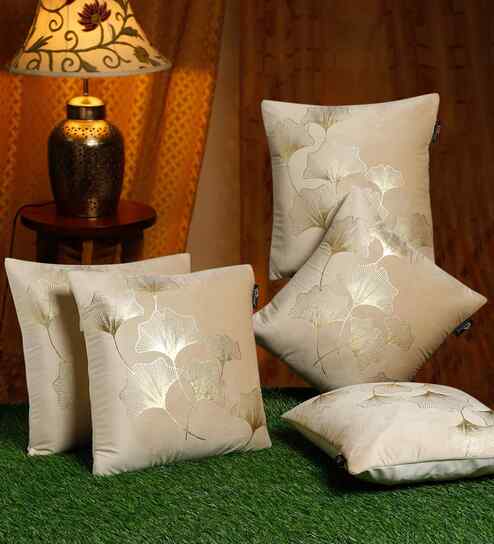 Cream Velvet Floral 16X16 Inches Cushion Covers (Pack of 5)