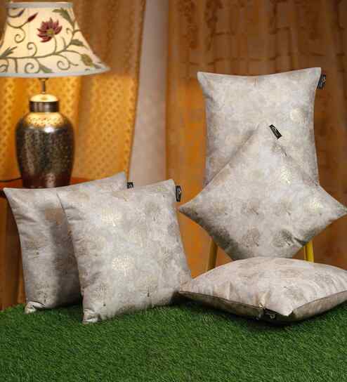 Cream Velvet Floral 16X16 Inches Cushion Covers (5Pcs)