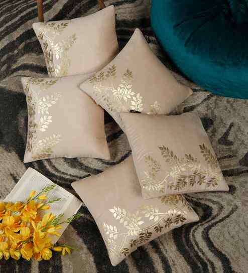 Cream Velvet Floral 16X16 Inches Cushion Covers (Pack of 5)