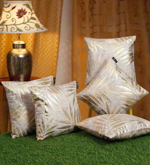 Cream Velvet Floral 16X16 Inches Cushion Covers (5Pcs)