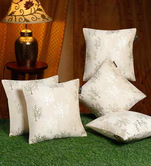 Cream Velvet Floral 16X16 Inches Cushion Covers (Pack of 5)