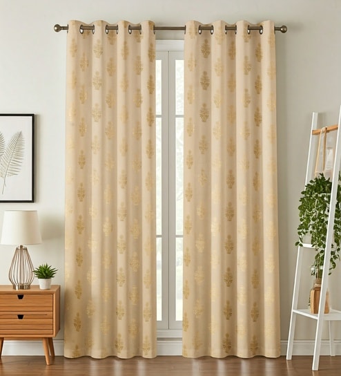 Cream Velvet Floral 5 Foot Ring Top Window Curtain
