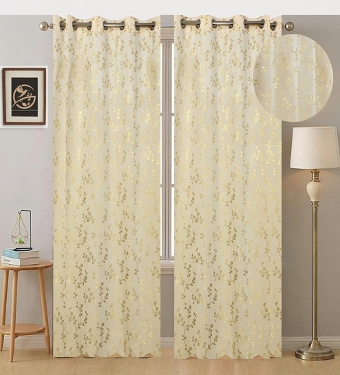 Cream Velvet Floral 5 Foot Ring Top Window Curtains Set Of 2