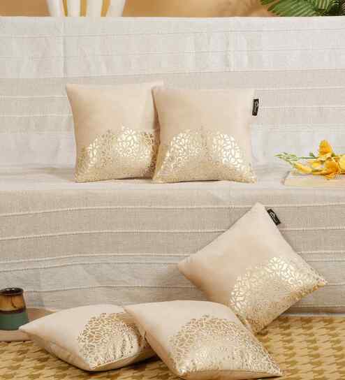 Cream Velvet Geometric 12X12 Inches Cushion Covers (Pack of 5)