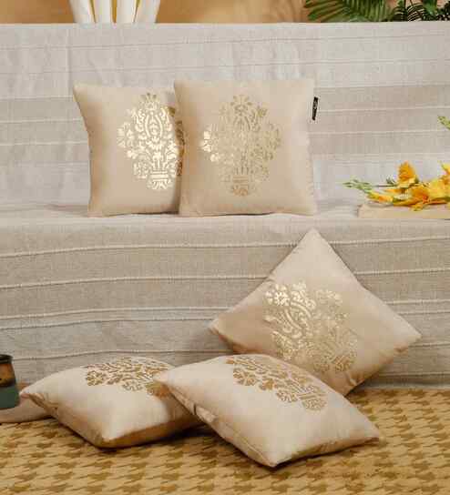 Cream Velvet Geometric 12X12 Inches Cushion Covers (Pack of 5)