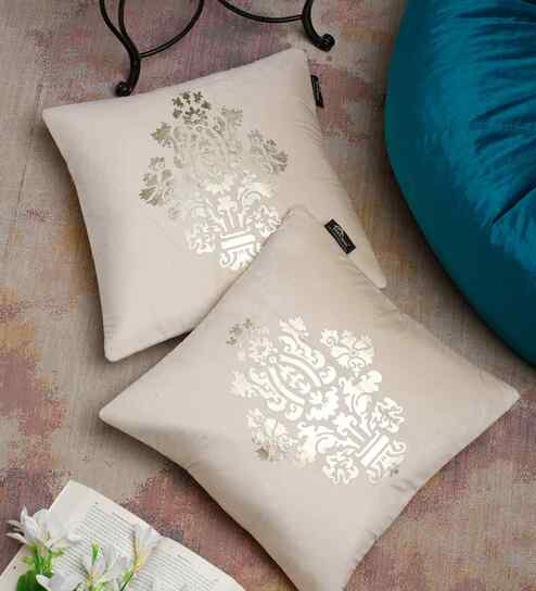 Cream Velvet Geometric 16X16 Inches Cushion Covers (Pack of 2)