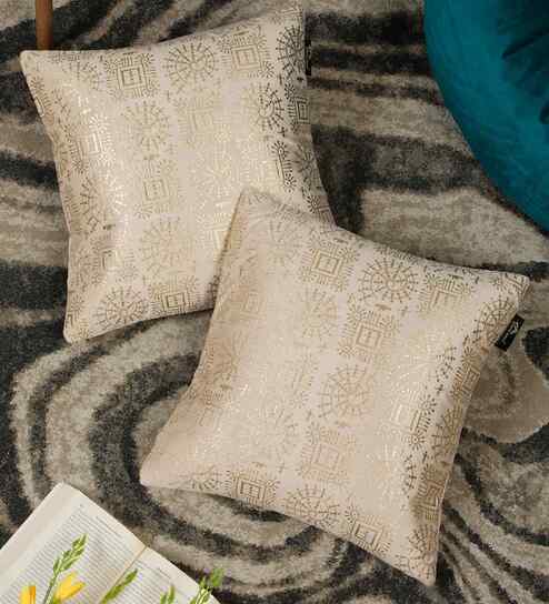 Cream Velvet Geometric 16X16 Inches Cushion Covers (Pack of 2)
